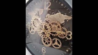 Large World Map Black And Gold Visible Moving Gears Wall Clock 62cm