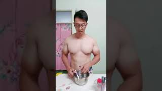 gym asian young hot  hunk topless teeth brushing shot