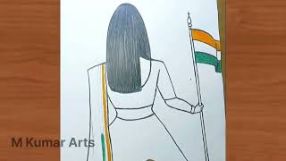 How to draw girl with Indian flag. 15 August special//simple draw