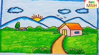 Village Scenery Drawing & Painting Very Easy & Simple