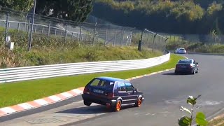 Jumping Cars on Nordschleife - Three wheel drive, Crash, ACTION, nice Cars at Schwalbenschwanz