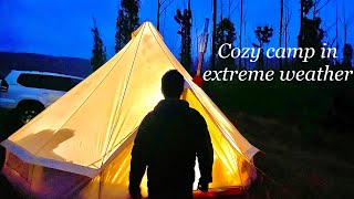 Hot tent camping in Canvas Bell Tent, in heavy Rain