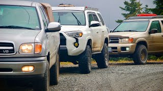 A Tundra, 4Runner, and Pathfinder go into the woods.