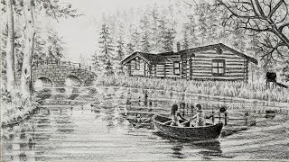 How To Draw A Easy Neture Landscape Scenery With Two Couples On The Boat