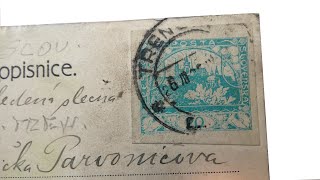 postcard of Trenčín with one of the first Czechoslovak stamps