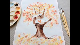 Рисуем с детьми гуашью белку на осеннем дереве | We draw a squirrel in gouache on an autumn tree