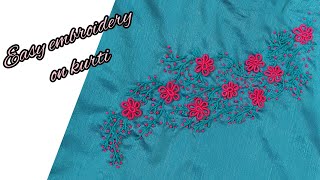 Simple Embroidery work on Kurti/ Peacock blue kurti/Bullion stitch/Stem stitch/French knot