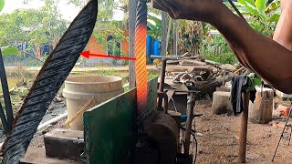 proses pembuatan golok baja damascus dari bahan baja seling & membuat gagang golok dari tulang