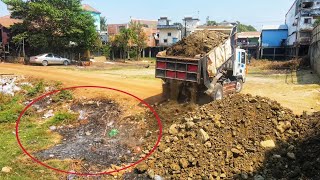 Action incredible DumpTruck Pour Soil Clear Fire Waste To Build Road in VillageBy BulldozerUnloading