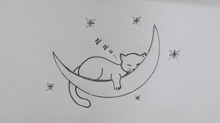 Cat sleeping in moon drawing - @TamilNewArt