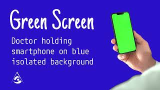 Green Screen Doctor holding smartphone on blue isolated background. Free footage — make your video