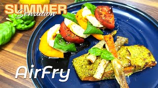 🌞Air Fry Summer Dish⛱️ 🌻: Crispy Juicy Flavorful Pesto 🍃 Salmon & Refreshing Caprese 🍅 🧀 Salad 🥗 🥰