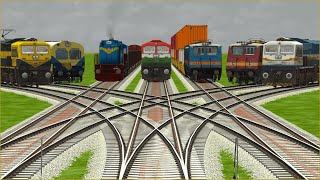 7 INDIAN TRAINS CROSSING BY BUMPY FORKED RAILROAD TRACKS | Train Simulator | Railroad Crossing