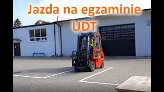 Egzamin UDT - przykładowa jazda wózkiem jezdniowym podnośnikowym