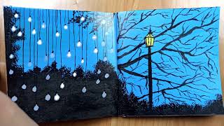 Blue sky ,trees , bulb & street lamp acrylic painting