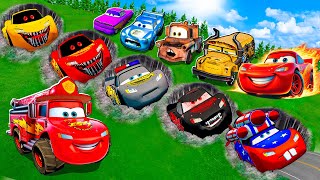 Rainbow Pit Transform In Big & Small:McQueen Golden & Mater vs Pixar Cars! Beam.NG Drive!