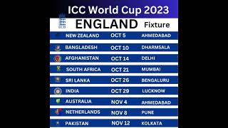 England Cricket World Cup 2023 Fixtures