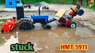 Homemade model tractor with rotavator stuck in mud very badly| rescue by HMT 5911