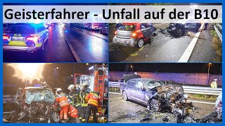 [Geisterfahrer-Unfall auf der B10] +++ Smart kracht bei Nacht und Regen frontal in BMW  +++