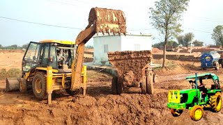 Jcb 3DX Backhoe Machine Loaded Mud in Bricks Soling | John Deere Massey 1035 Tractor