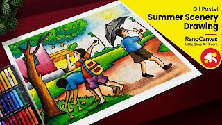 Summer Scenery Drawing | Summer Scenery drawing with Oil Pastel | Summer Season drawing easy