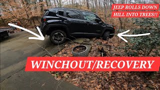 Jeep Rolls Down Driveway Crashing Into Trees!Winchout Using A Rollback And Axle Straps From Mytee.