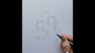 Father and daughters drawing//father holding his two daughters pencil sketch