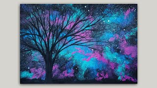 Sponge Painting a Galaxy and Tree Silhouette Acrylic Painting time-lapse