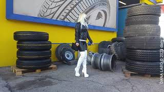 DANA LABO - shop tire day, walking in pvc shiny boots overknee, leather jacket and leggings