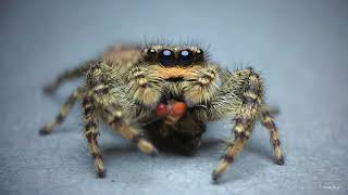 Fencepost jumping spider enjoying fruitflies