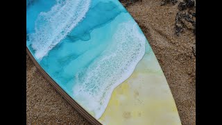 #45. Frothy Resin Waves on a Beachy Alcohol Ink Surfboard