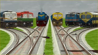 6 INDIAN TRAINS CROSSING ON CURVY FORKED RAILROAD TRACKS | Train Simulator | Railroad Crossing