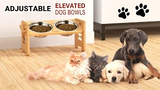 Elevated Dog Bowls-Adjustable Raised Dog Bowls with Stand for Dogs and Cats, Sturdy Bamboo Trays