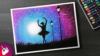 How to DRAW Moonlight girl dance Scenery with Oil Pastel step by step