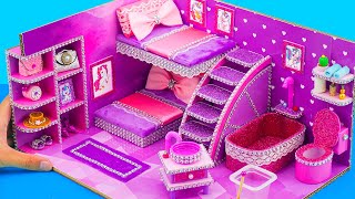 DIY Miniature Cardboard House #51 Make Glitter Purple Craft House With Bedroom and Bathroom For Two