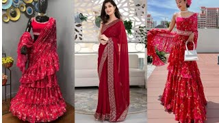 girls looking beautiful in ruffle and simple sarees/comparison between red ruffle and simple sarees