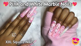 Pink and White Marble Nails! XXL Square Nails!