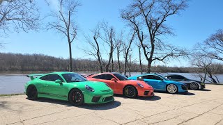 Sunday cruise with the boys. Twin turbo V10 Audi  R8 , Porsche GT3, and Lamborghini Aventador.