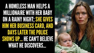 A HOMELESS MAN HELPS A MILLIONAIRE AND HER BABY IN THE RAIN, RECEIVES A CARD, AND DAYS LATER...