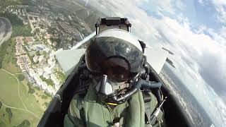 Eurofighter Typhoon take off and flight over airfield.