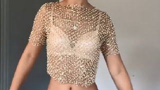 Leovqn Women's Pearl Mesh Sheer Crop Top Sparkly Short Sleeve Glitter See Through Sexy Tee Shirt