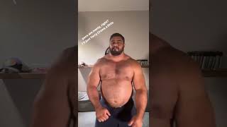 Thick and beefy shirtless muscle bear dancing for our entertainment