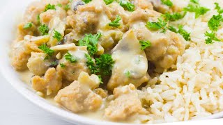 Veganes Geschnetzeltes mit cremiger Champignon Rahm Soße! Sojaschnetzel Rezept | Unsere Vegane Küche