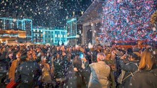 Snow in London ❄️ Trafalgar Square Christmas Tree & Nativity 🎄 London Christmas Walk 2023 ✨ 4K HDR