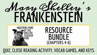 Frankenstein Chapters 4-6 Quiz, Close Reading Inference Worksheet, and Vocabulary Games