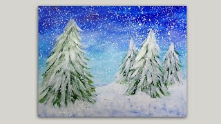 Snowy Pine Trees Acrylic Painting Wet on Wet Impressionist Painting Demonstration