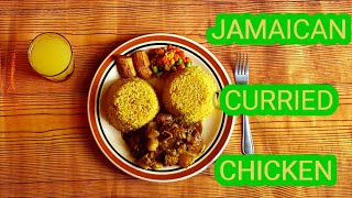 JAMAICAN CURRIED CHICKEN SERVED WITH PUMPKIN RICE|MIXED VEGETABLE|FRIED PLANTAIN|PINEAPPLE JUICE|