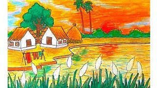 Landscape Drawing | Sunset Scenery Landscape Drawing and Coloring