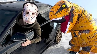 Wolf Surprises T Rex & Puppy with Car Ride Chase by Ducky life