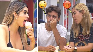 Comiendo nieve de forma coqueta frente a las personas // Bromas en la calle - SharonWinner